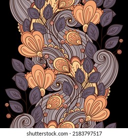 Nahtloses Muster mit abstrakten Blumen und Blättern. Endlose Streifen Textur mit floralen Motiven. Die Natur inspirierte abstrakte Elemente. Gewebe, Schleifpapier, Tapete. Vektorgrafik