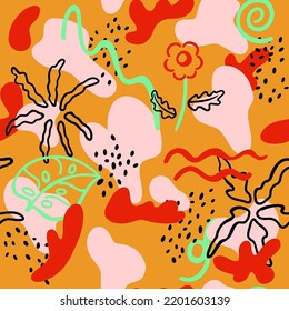 Seamless pattern with abstract flowers, leaves, shapes, figures vector rune drawing on orange background print for wallpaper, textile, fabric, packaging, paper, cover.