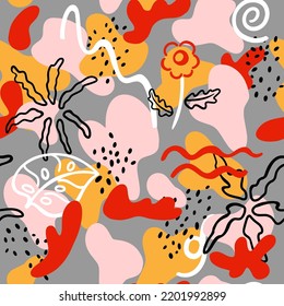 Seamless pattern with abstract flowers, leaves, shapes, shapes vector doodle rune print for wallpaper, textile, fabric, packaging, paper, cover.