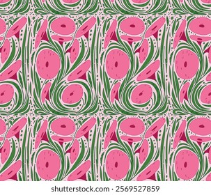 Seamless pattern with abstract flowers, leaves, and botanical elements in pastel tones. Art Nouveau style. Concept of nature, freshness, and decorative floral design. Flat vector illustration.