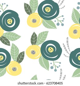 Seamless pattern with abstract flowers and leaves. Modern and original texture for textile, wrapping paper, wall art design. Simple botany elements in yellow and green. Vector floral illustration