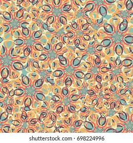 Seamless pattern. Abstract flowers located randomly. Elegant camouflage. Yellow tones, brown, red, blue.