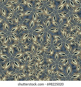 Seamless pattern. Abstract flowers located randomly. Elegant camouflage. Blue-gray tones, yellow-gray tones.