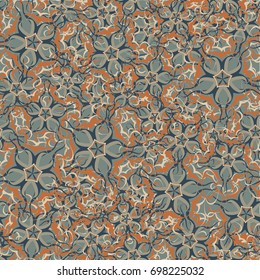 Seamless pattern. Abstract flowers located randomly. Elegant camouflage. Beige tones, blue-gray tones, orange-gray.
