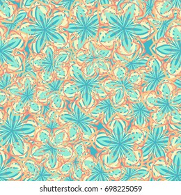 Seamless pattern. Abstract flowers located randomly. Elegant camouflage. Blue tones, yellow-green, orange tones.