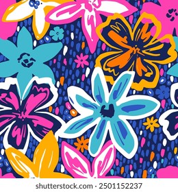 Seamless pattern of abstract flowers in modern style. Floral hand draw print for fabric, textile, wallpaper, apparel. Bright color Vector illustration 