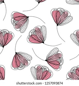 Seamless pattern with abstract flowers on white background. Vector illustration. Floral hand-drawn background.