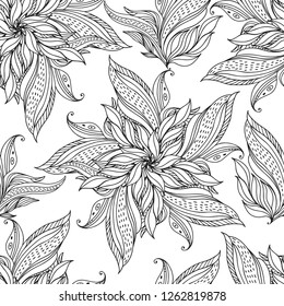 Seamless pattern with abstract flowers on white background. Black and white vector illustration. Outline hand-drawn drawing.