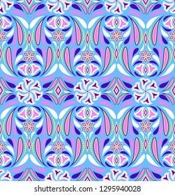 Seamless pattern with abstract flowers on blue background. It be perfect for stationery, clothing, accessories, invitation cards, packaging and more.
