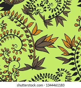 Seamless pattern of abstract flowers on a green background.