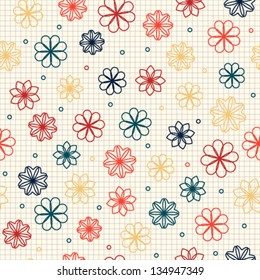 Seamless pattern with abstract flowers on a checkered background in warm colors