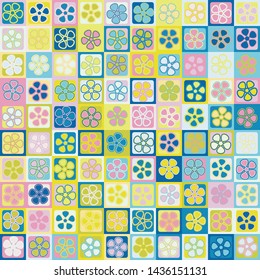 Seamless pattern. Abstract flowers on a checkered background. Bright motley colors. Summer mood.
