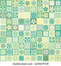 Seamless pattern. Abstract flowers on a checkered background. Bright motley colors. Summer mood.