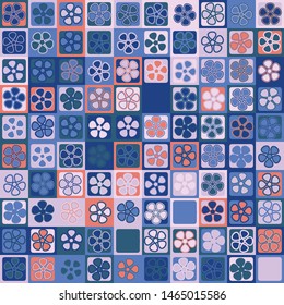 Seamless pattern. Abstract flowers on a checkered background. Bright motley colors. Summer mood.