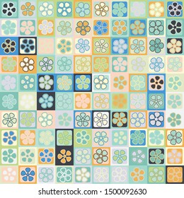 Seamless pattern. Abstract flowers on a checkered background. Bright motley colors. Summer mood.