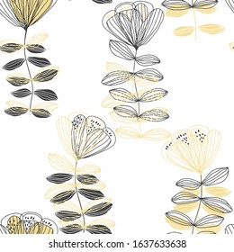 Seamless pattern with abstract flowers on white background. Vector illustration. Floral hand-drawn background.
