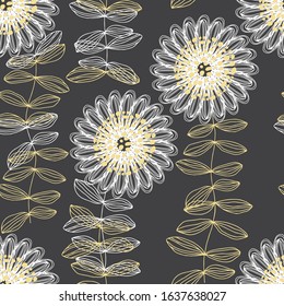 Seamless pattern with abstract flowers on black background. Vector illustration. Floral hand-drawn background.