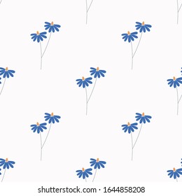 Seamless pattern, abstract flowers on white background. Blue camomiles. Floral design for wallpaper, textile, packaging. Vector illustration