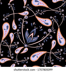  Seamless pattern of abstract flowers on their stems with green leaf print , fabric.Paisley print
