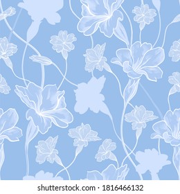 Seamless pattern with abstract flowers, on blue background. Hand-drawn line art plants and silhouettes. Ornament for wallpaper, wrapping paper, packaging, textiles, clothing prints.Easy to change edit