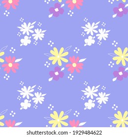 Seamless pattern with abstract flowers on a lilac background. Endless botanical ornament.