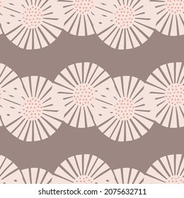 Seamless pattern abstract flowers on light brown background. Vintage pink texture of plants for textile design. Geometric template print for any purpose. Simple vector fabric ornament.