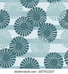 Seamless pattern abstract flowers on striped blue white background. Vintage textured of plants for textile design. Random template print for any purpose. Simple vector fabric ornament.
