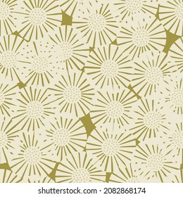 Seamless pattern abstract flowers on beige background. Vintage texture of plants for textile design. Random template print for any purpose. Simple vector fabric ornament.