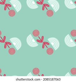 Seamless pattern abstract flowers on turquoise background. Minimalist pink textured of plants for textile design. Geometric template print for any purpose. Simple vector fabric ornament.