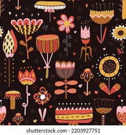 Seamless pattern of abstract flowers on a dark background. Vector illustration