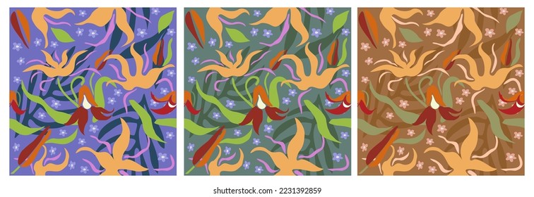 Seamless pattern with abstract flowers on different backgrounds. Floral design with tropical retro flowers for printing and decoration. Repeatable botanical backdrop. Colorful flat vector illustration
