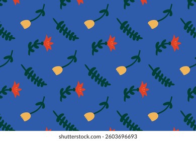 Seamless pattern with abstract flowers on a blue background. Vector illustration.