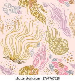 Seamless pattern with abstract flowers in pastel colors. Abstract and organic shapes. Exotic background for wallpapers, wrapping paper or textile.  Design for fabric, craft paper, greeting card.