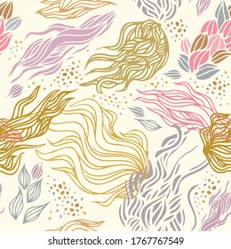 Seamless pattern with abstract flowers in pastel colors. Abstract and organic shapes. Exotic background for wallpapers, wrapping paper or textile.  Design for fabric, craft paper, greeting card.