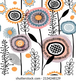 Patrón sin inconvenientes con flores abstractas en colores pastel y arte en línea follaje en negro.Fondo de estilo escandinavo y textura para imprimir en tejidos y papel.Ilustración vectorial a mano a la moda.