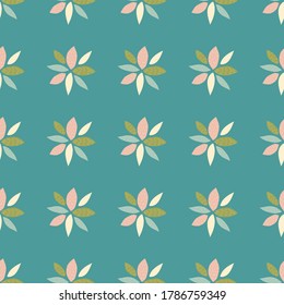 Seamless pattern with abstract flowers. Petals in pink, green, blue, white colors. Turquoise background. Can be used for wallpaper, wrapping paper, textile, fabric prints. Vector illustration.