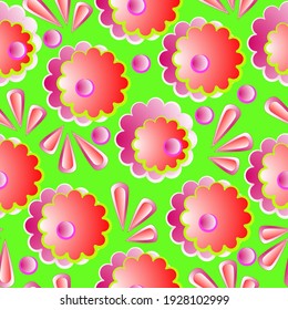 Seamless pattern of abstract flowers of pink shades on a bright green background for textile.