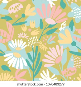 Seamless pattern with abstract flowers and plants on a yellow background. Hand-drawn background in a vector.