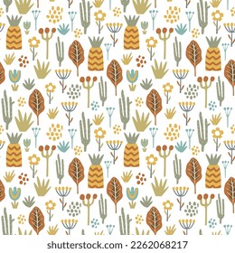 Seamless pattern with abstract flowers and plants on white background, vector.