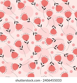 Seamless pattern with abstract flowers and polka dots. Vector.