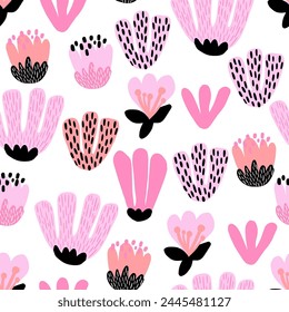 Seamless pattern with abstract сute flowers print on white background.  Creative texture for fabric, wrapping, textile, wallpaper, apparel. Vector illustration 