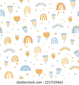 Seamless pattern with abstract flowers and rainbow. Spring, summer background. Seamless background for nursery decor, fabrics, children's textiles, wrapping paper.