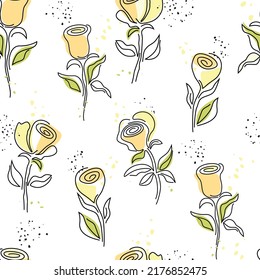 Seamless pattern of abstract flowers roses, drawn with a black outline. draw a flower drawing in one line. doodle vector illustration isolated on white background.