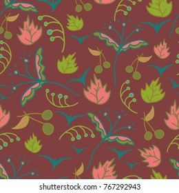 Seamless pattern with abstract flowers and seagulls.