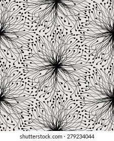 Seamless pattern with abstract flowers and seeds. Stylish monochrome floral ornament.