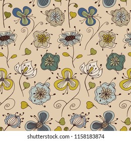 Seamless pattern of abstract flowers. Separate floral elements on beige background.