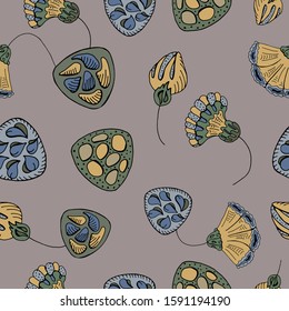 Seamless pattern of abstract flowers and shapes. Vector botanical illustration.