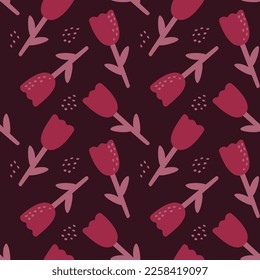 Seamless pattern with abstract flowers, shapes and dots on a dark background in a love theme. Monochrome color. Vector illustration in the style of minimalism.