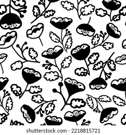 Seamless pattern with abstract flowers silhouettes. Hand drawn vector ornament with stylized tulip flowers. Floral design, naive art style. Abstract blossom, trendy floral pattern.