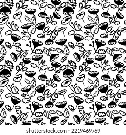 Seamless pattern with abstract flowers silhouettes. Hand drawn vector ornament with stylized tulip flowers. Floral design, naive art style. Abstract blossom, trendy floral pattern.